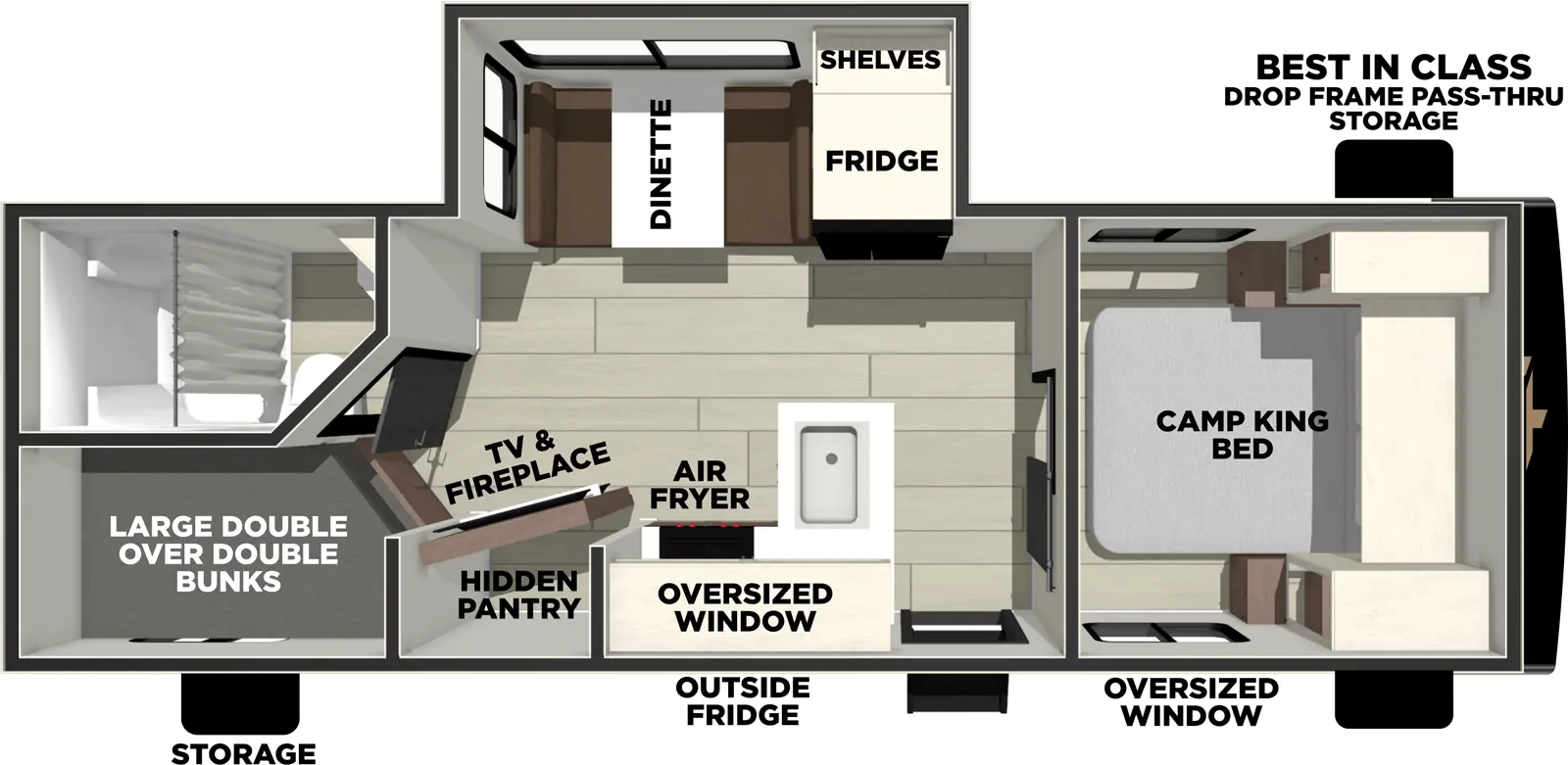 The Avenger 23BHS floorplan has one entry and one slide out. Exterior features include: metal exterior. Interiors features include: bunk beds and front bedroom.